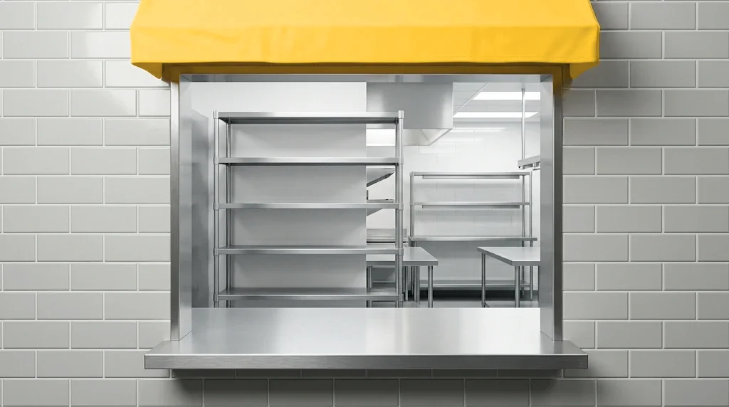 An open kitchen pass-through window. The steel shelf behind it is completely empty.