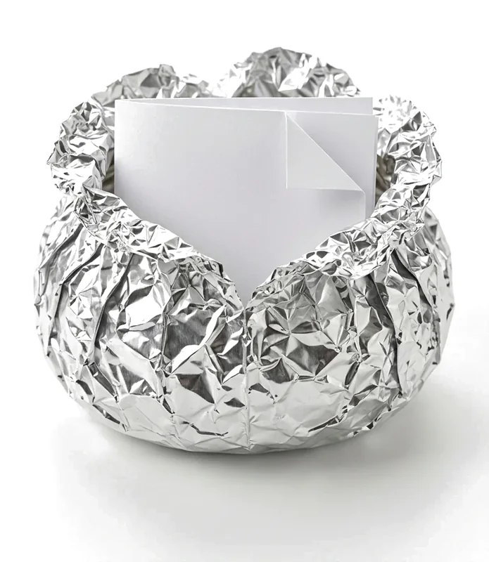 A sheet of paper being wrapped in crinkled foil